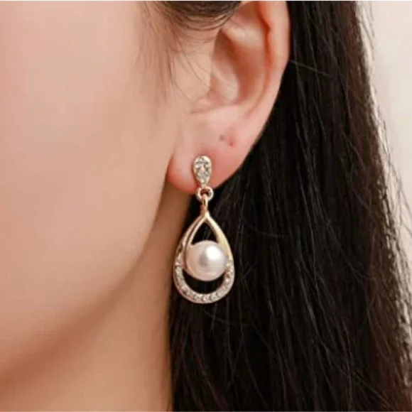 Pearl Necklace Teardrop Zirconia Rhinestone Drop Earrings Necklace Jewelry Sets - Picture 6 of 14